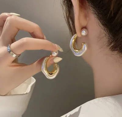 Golden Pearl Irregular Shaped Hoop Earrings